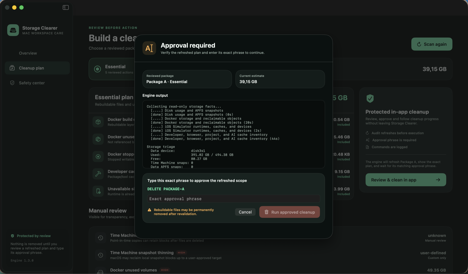 Approval dialog showing refreshed engine output and exact phrase requirement