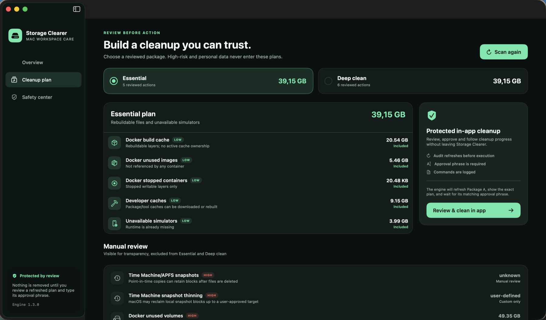 Cleanup plan with reviewed actions and protected in-app cleanup
